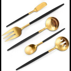 Matte Black Gold Serving Silverware Set, 5-Piece Round Shared Utensils Set